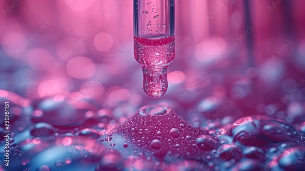 Poster row of test tubes. medical lab concept. liquid droplet with dropper on blue red tone background. clo