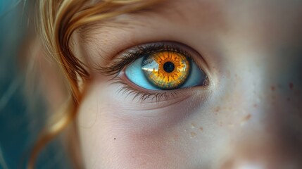 A close-up of a young child's orange-iristed eye. Generative Ai.