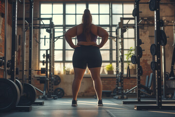 full-length photo of a plump, sweaty woman strenuously exercising in the gym with copy space