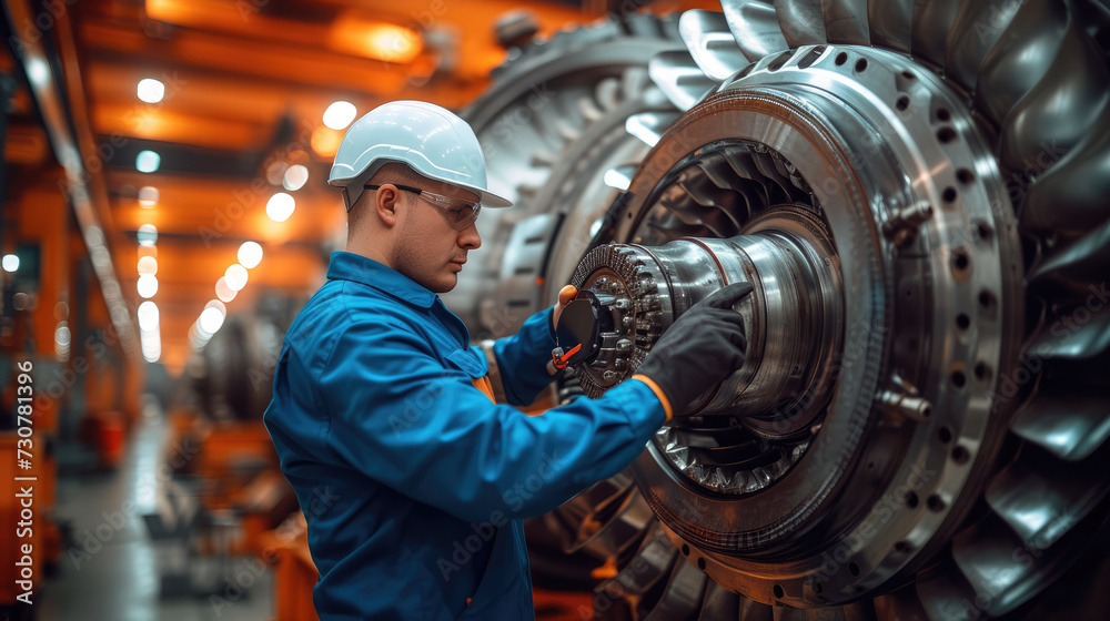 Leinwandbilder engineer in full uniform checking big engine in industry factory. generative ai.