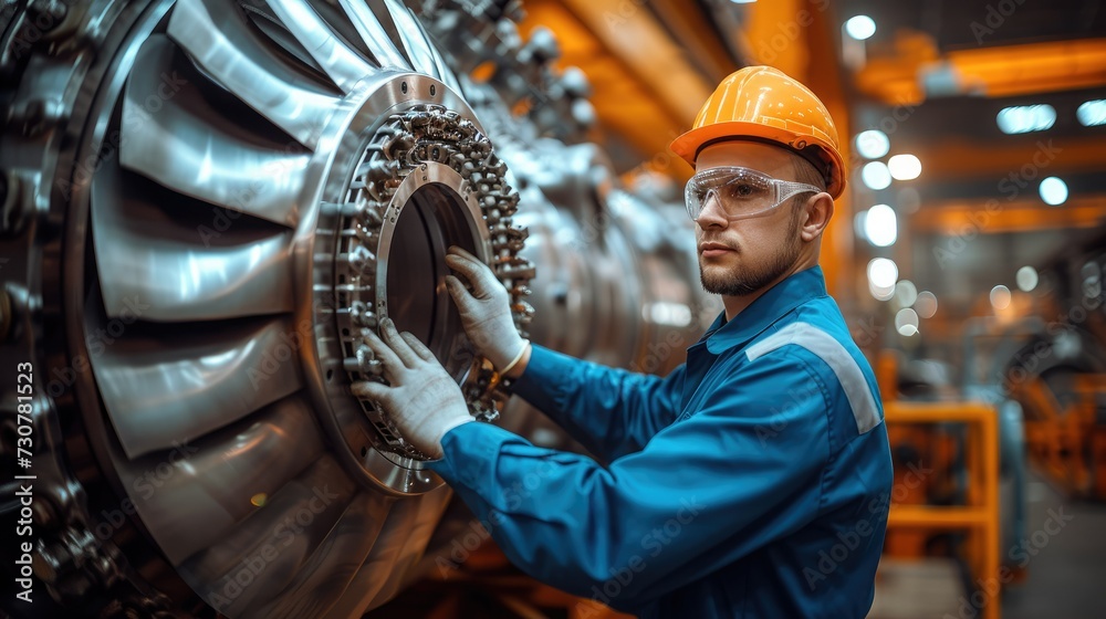 Fototapete engineer in full uniform checking big engine in industry factory. generative ai.