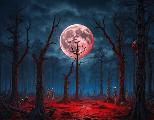 Bloody moon over a spooky forest with dead trees and walking skeletons - Powered by Adobe