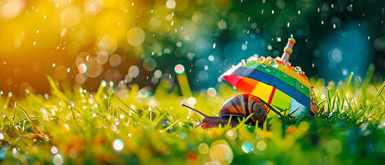 brown snail under an umbrella on the grass on a spring rainy day  - obrazy, fototapety, plakaty