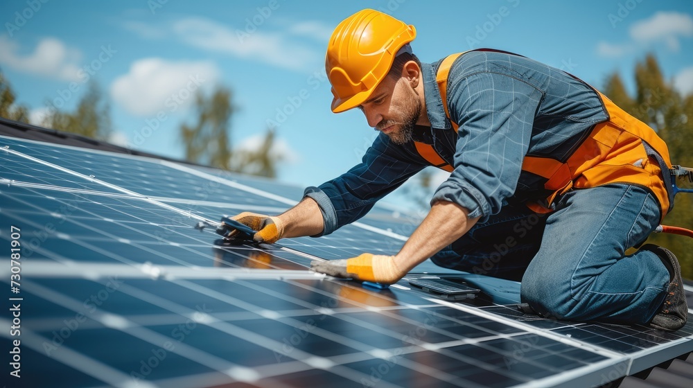 Poster Engineers installing and connecting a solar panel system on roof. Green energy and energy saving. Generative AI.