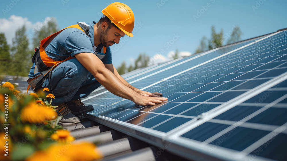Poster Engineers installing and connecting a solar panel system on roof. Green energy and energy saving. Generative AI.