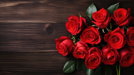 a bunch of red roses on wooden table. Romantic concept.