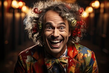 Obraz premium Funny laughing clown dressed in colorful clothes walking down the city street. Entertainment for children and adults, circus clown