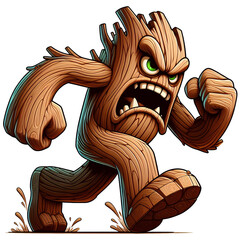 Angry Wooden Monster Running Front View, Cartoon Style Transparent Background