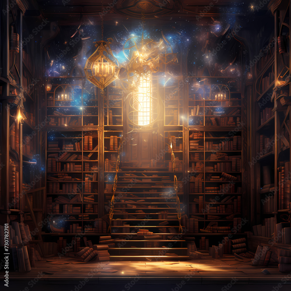 Wall mural A bookshelf with magical books emitting light. 