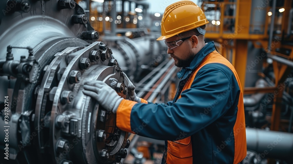 Poster an engineer in engineering is inspecting equipment on the site, surrounded by various industrial equ