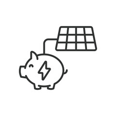 Saving solar energy icon in line design. Saving, solar, energy, power bank, pig, power, station, piggy bank isolated on white background vector. Saving solar energy editable stroke icon.
