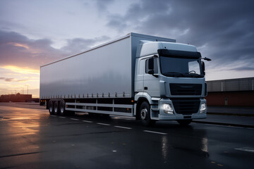 Delivery cargo truck with long empty trailer with mockup space, industrial background