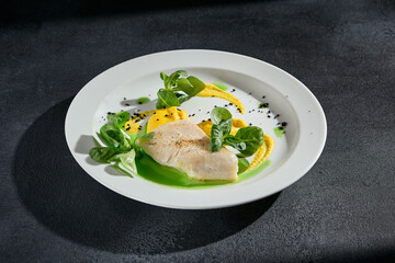 Gourmet cod steak with dual sauces on a contemporary plate, perfect for modern cuisine presentations