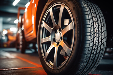 Car wheel in car repair shop. Auto service industry. Automotive background.