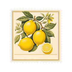 Vintage Postal Stamp, Lemon Citrus Fruit artwork style, Isolated transparent on white background, PNG
