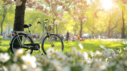 Fototapeta premium Bicycle adorned with fresh spring flowers, set against a lively park scene with people enjoying the blooming greenery. Bright and joyful atmosphere