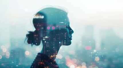 Silhouette of Thought: Double Exposure Woman and Cityscape