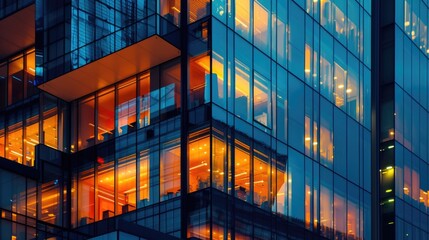 Modern Building's Glass Facade at Night with Illuminated Windows