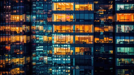 Modern Building's Glass Facade at Night with Illuminated Windows