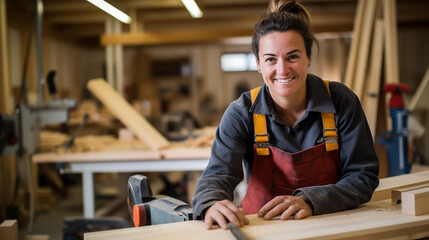 Female Carpenter doing woodworking in a workshop - obrazy, fototapety, plakaty
