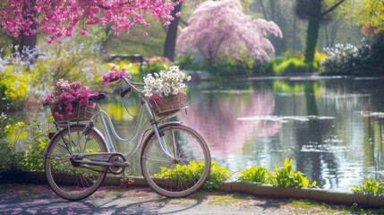Spring banner with a classic bicycle decorated with white and pink flowers, standing beside a pond in a park with flowering trees reflecting in the water. Peaceful and tranquil