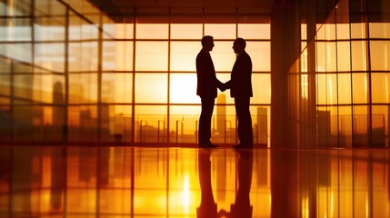 Business Silhouettes: Two Professionals Shaking Hands in Office at Sunset