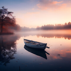 A lone boat on a tranquil lake at dawn.