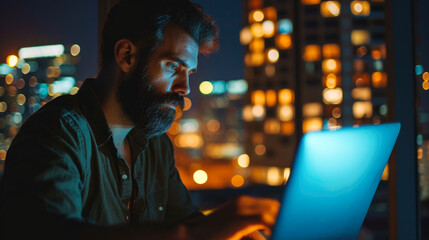 Concentrated Bearded Man Working on Laptop at Night