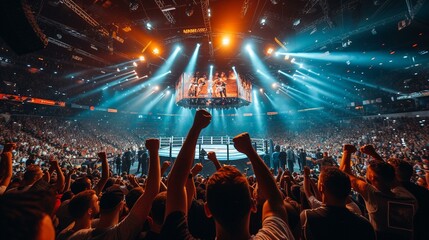 Fight Night Hype: Photograph the energy and excitement inside the arena as the crowd cheers and anticipates the start of a boxing match. ,[boxing
