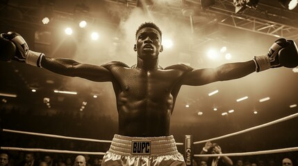 Fototapeta na wymiar Victory Lap: Photograph a boxer celebrating their victory by taking a lap around the ring, soaking in the adulation of the crowd. ,[boxing