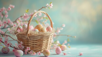 Vintage-inspired Easter basket filled with nostalgic candies and treats on a charming banner, [Easter banner Easter basket pastel background for designer work