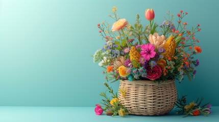 Cheerful Easter basket brimming with colorful flowers and foliage against a bright pastel backdrop, [Easter banner Easter basket pastel background for designer work - obrazy, fototapety, plakaty
