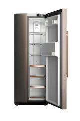 An image of a kitchen refrigerator with its door open on a white background.