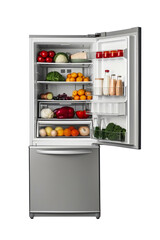 An isolated kitchen refrigerator with its door open, revealing various types of food inside.