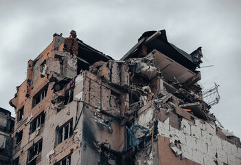 destroyed and burned houses in the city during the war in Ukraine