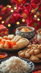 Obraz na płótnie Canvas Close-up of tasty Chinese New Year treats, sweet rice cakes and almond cookies beautifully arranged on a festive table
