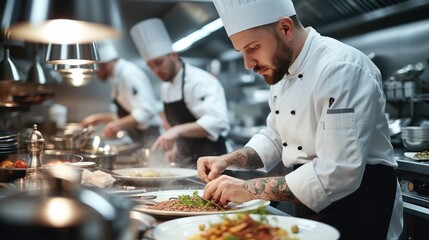 Chefs working in a bright kitchen. Generative AI.