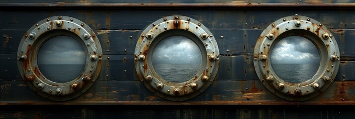 Three Round Portholes Seen Inside Ship, Background Banner HD