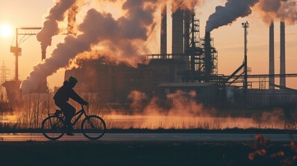 Cyclist Passing Industrial Plant Emissions