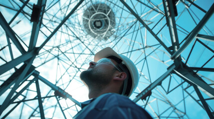 Engineer Gazing Up at the Intricate Structure of a Transmission Tower