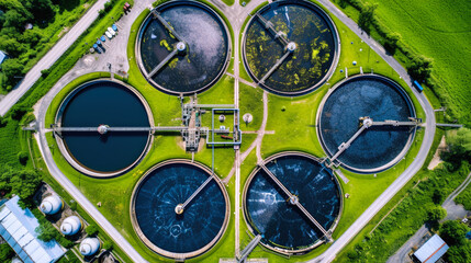 Water Treatment Plant Aerial View with Circular Filtration Tanks