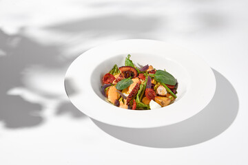 Mediterranean salad with octopus, potatoes, tomatoes, and Kalamata olives in a spicy sauce, shadowed on a white background