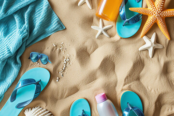 Summer Beach Vacation Accessories with Flip Flops and Sunscreen on Sandy Shore - obrazy, fototapety, plakaty
