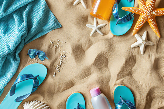 Summer Beach Vacation Accessories with Flip Flops and Sunscreen on Sandy Shore