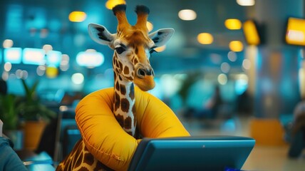 Animated giraffe influencer reviewing the latest in neck pillows for travel in an airport lounge