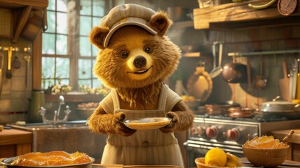 bear influencer hosting a cooking show in a cozy woodland kitchen, baking honey treats
