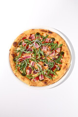 Deluxe Niçoise-Style Tuna Pizza with Olives and Arugula Overhead Shot