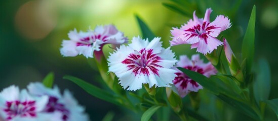 A close-up of a pink and white flower with a red center, surrounded by green leaves. Beautiful flowering plant with colorful petals.