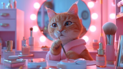 Animated feline personality conducts a live beauty session, highlighting ethical makeup products.