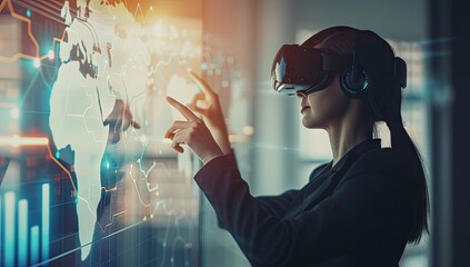 Young woman immersed in cutting edge world of virtual reality working with advanced technology and network systems captures and futuristic concepts VR glasses and interacts with digital interface